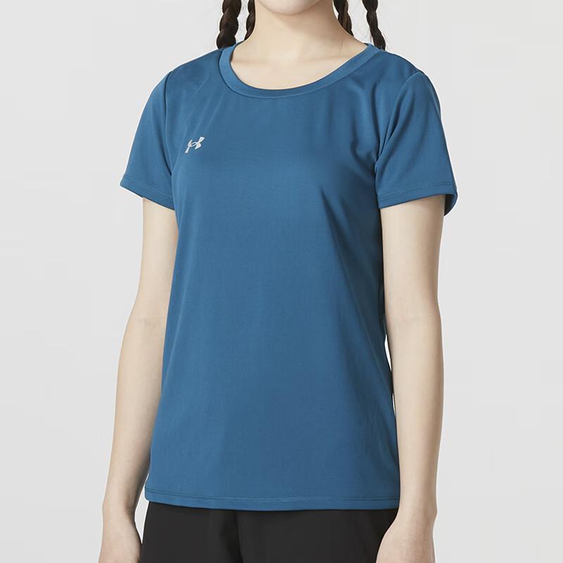 Under Armour Solid Color Sports Fitness Round Neck Short Sleeve T-Shirt Women Tops Blue-Green 23500508-343