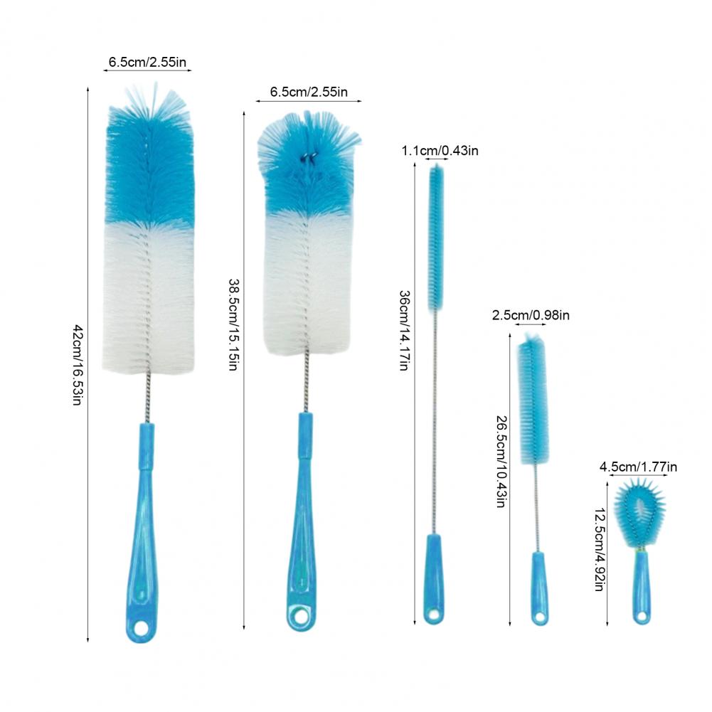5Pcs/Set Long Handle Bottle Brushes Ergonomic Handle Beer Wine Decanter Bottle Cleaning Scrubber Kit