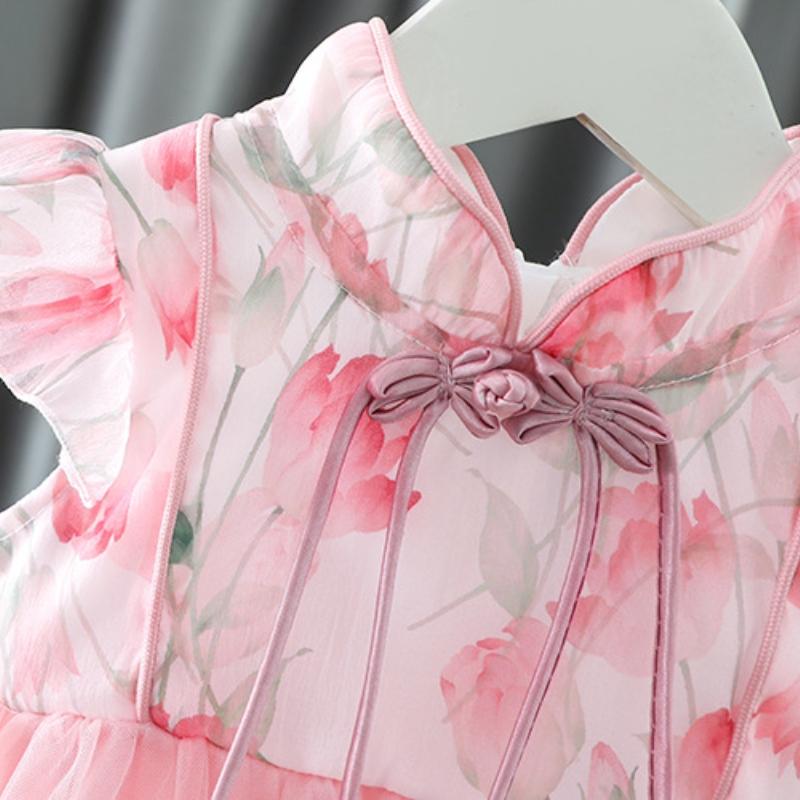 Summer  Baby Girl Dress Chinese Style Young Children's Clothing Short Sleeve Mesh Infant Kids Costume