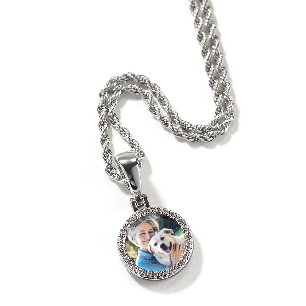 Creative micro-set zircon mini round memory photo frame pendant trendy DIY color printing photo necklace