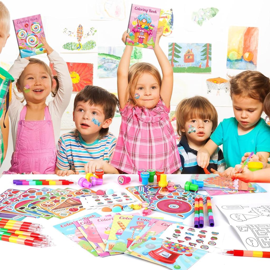 BenLouis 168Pcs Candyland Party Favors Ice Cream Donut Coloring Book Crayon Stickers Set Bulk for Kids Cupcake Lollipop Sweet Treats Birthday Gift