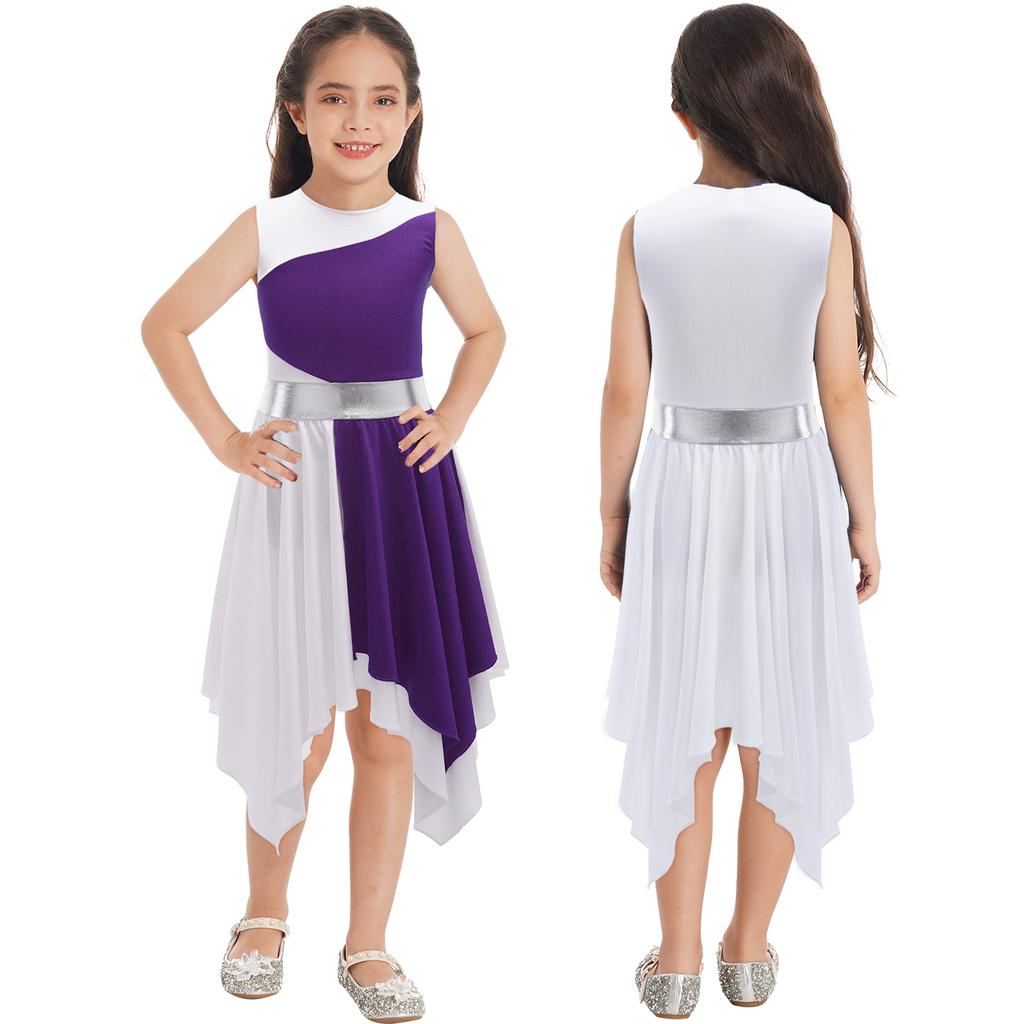Kids Girls Sleeveless Lyrical Dance Costumes Contrast Color Asymmetrical Figure Skating Ballet Dress