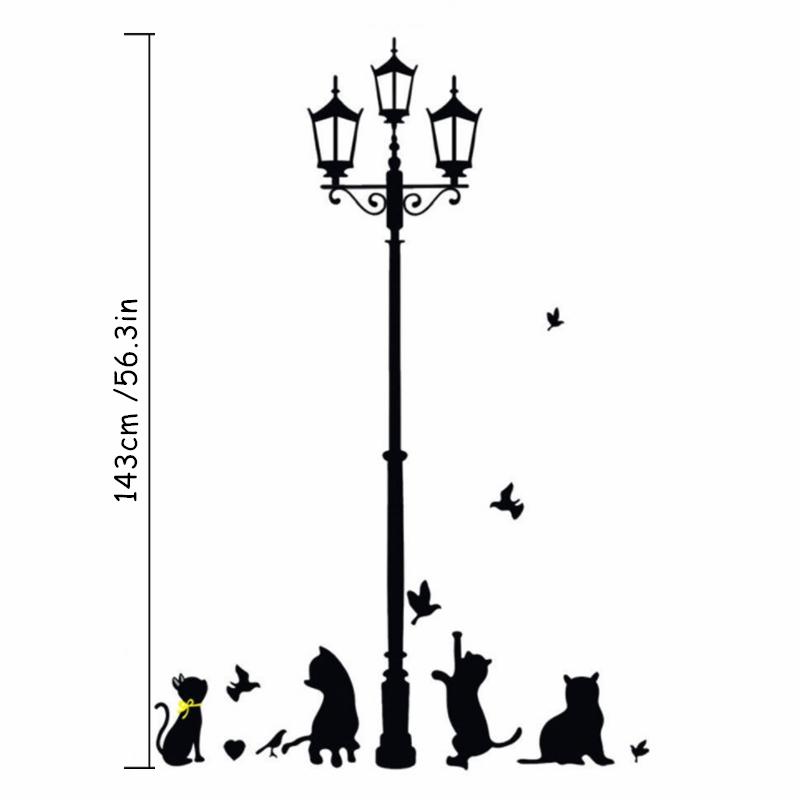 Retro Streetlight Cute Black Cat Little Bird Wall Stickers For Home Nursery Room Decoration Kids Puzzle Animal Game Warm Poster