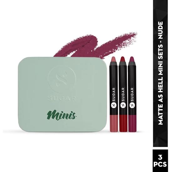 SUGAR Set di matite labbra Matte as Hell di Cosmetics (Confezione da 3) con Sharpner | Dura fino a 8 ore | Rossetto resistente all'acqua per donna | Tonalità nude