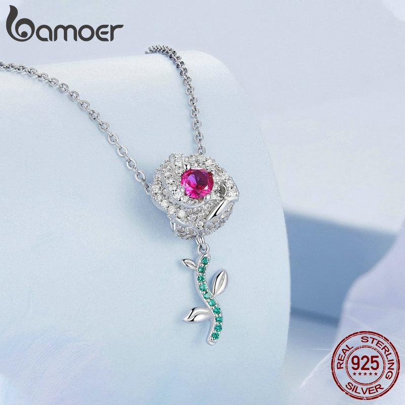 

BAMOER Стерлингового Серебра 925 пробы Розовый Циркон Роза Подвески из Бисера для Женщин Оригинальный Браслет Ожерелье DIY Ювелирные Изделия 925 silver