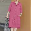 ZANZEA Vestido feminino casual gola virada para baixo manga 3/4 camisa solta