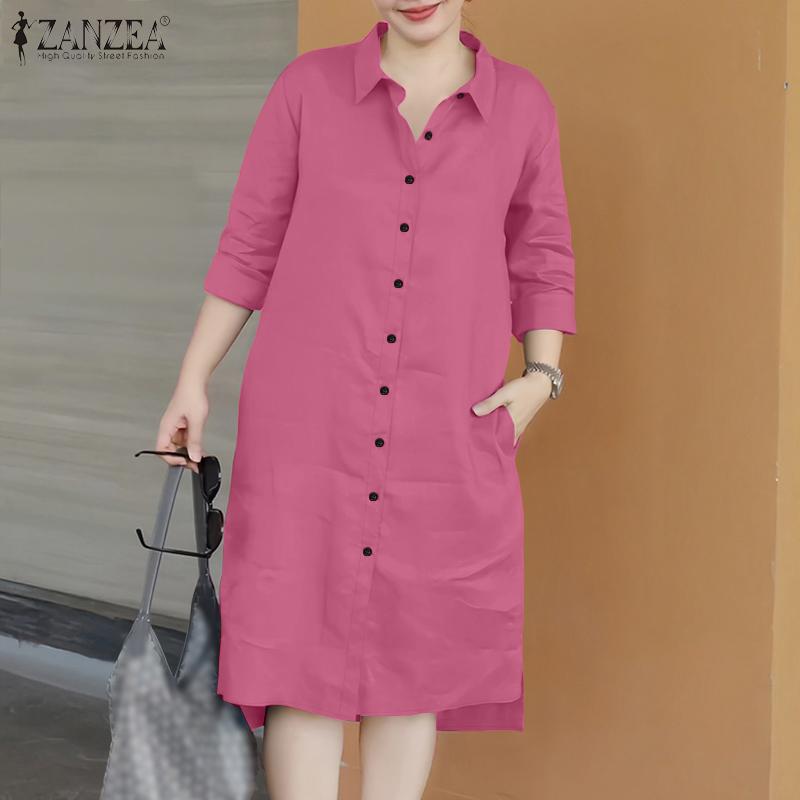 ZANZEA Vestido feminino casual gola virada para baixo manga 3/4 camisa solta