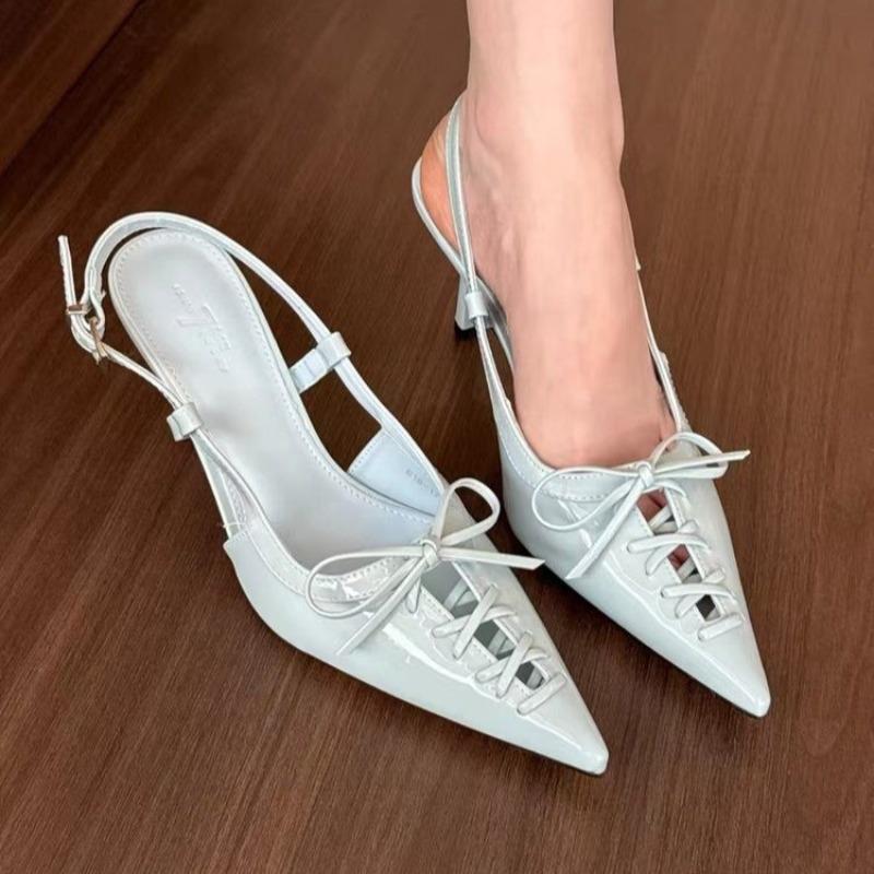 2025 Designer Buckle Strap Pumps Women Sexy Cross Lace Up Pointed Toe Low Thin Heels Wedding Banquet Dress Mules