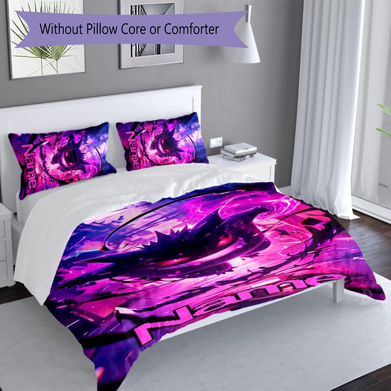 3pcs Custom Name Pokémon Gengar Bedding Set,Includes 1 Duvet Cover and 2 Pillowcases,All-season Bedroom Decor