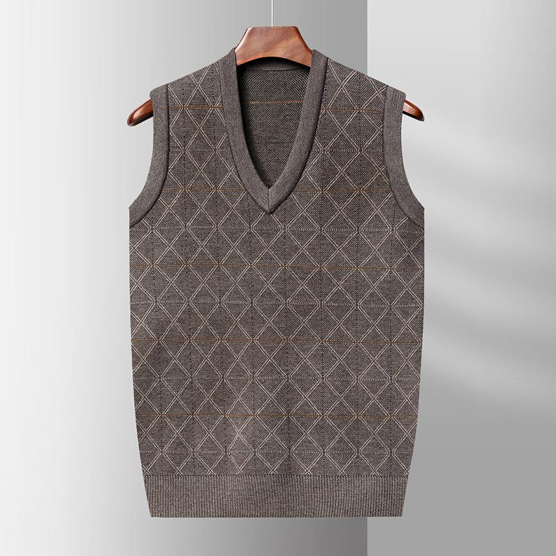 Men's V-neck Sweater Vest Autumn and Winter Sleeveless Vest Sweater for The Elderly with A Shawl Diamond Bottoming Sweater