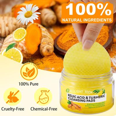 FullLight Tech Kojisäure & Kurkuma Gesichtsreinigungspad – Hautaufhellend, Entfernung von Pigmentflecken, Anti-Falten & Aknevorbeugung – Feuchtigkeitsspendendes Vitamin