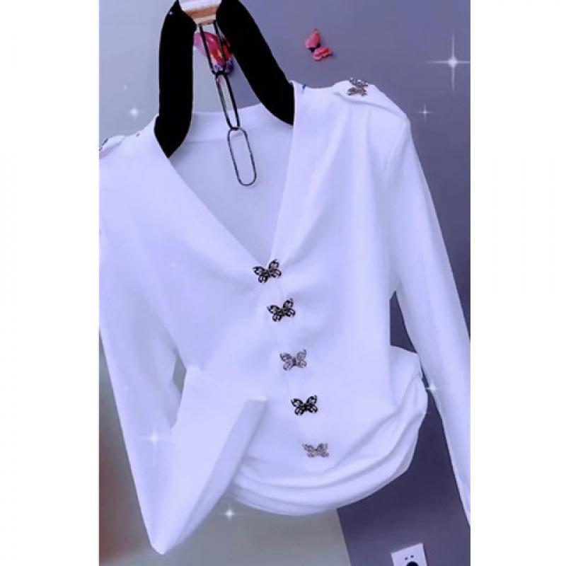 Summer Women Solid Color T-shirt Butterfly Decoration Female Elegant V-Neck Sexy Backless Pullovers