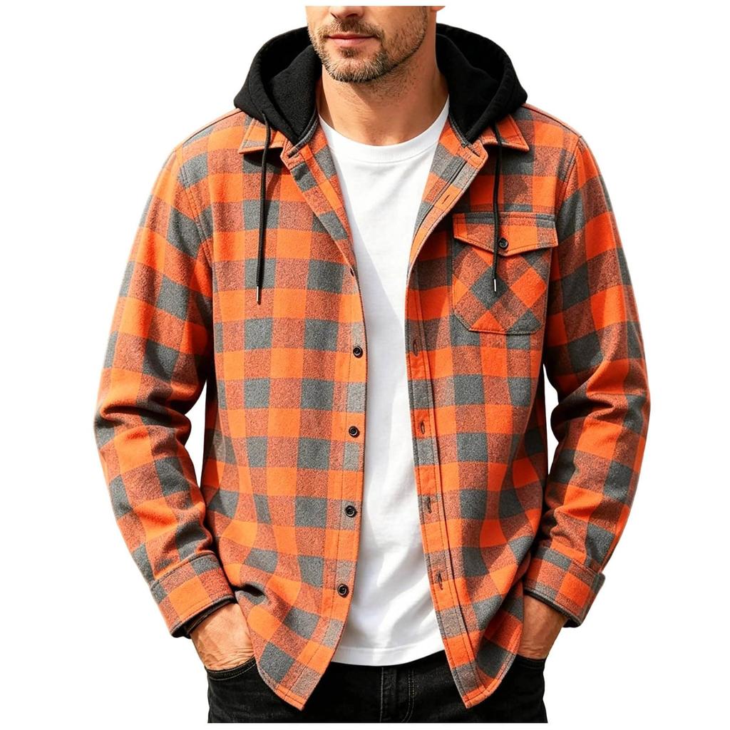 Men's Casual Long Sleeve Plaid Shirt Jacket with Hood and Pockets, Button Down Loose Fit