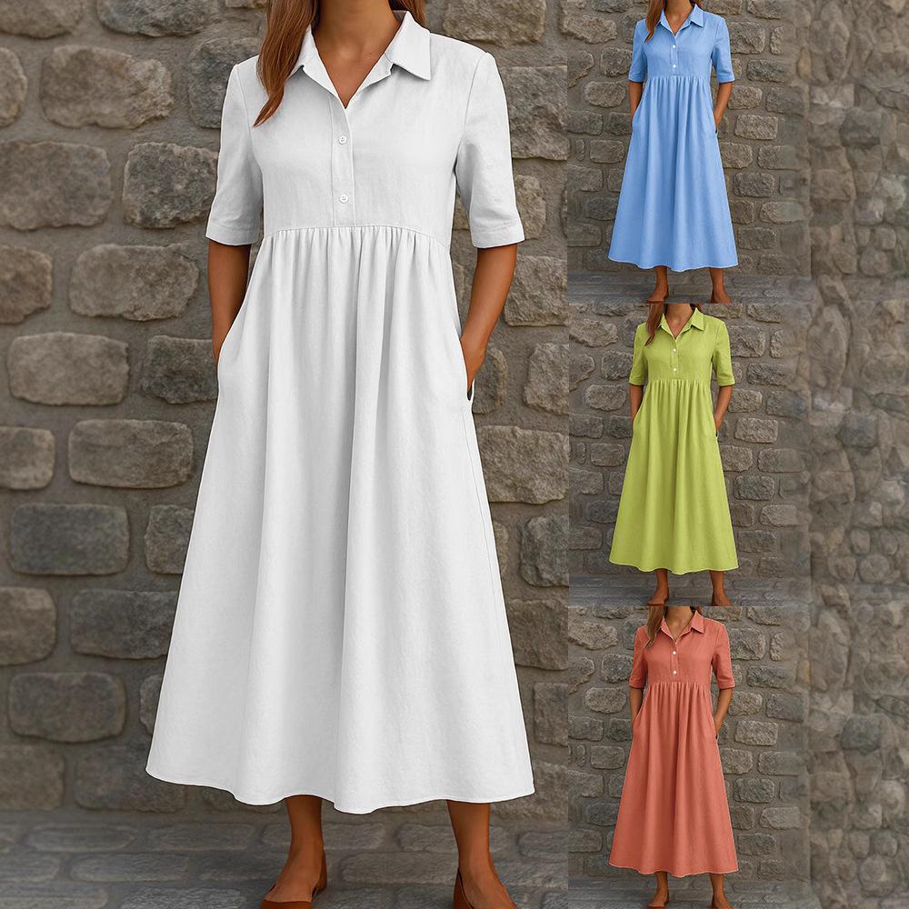 Women's Casual Button-Down Shirt Dress with Pockets, Loose Fit, Pleated Hem, Short Sleeve