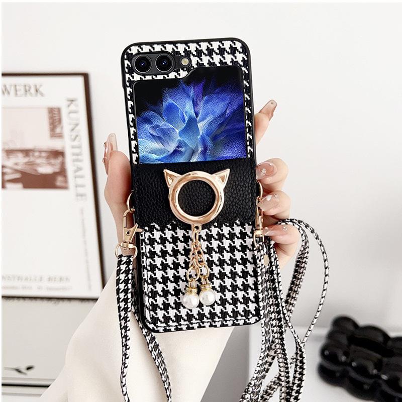 Black And White Grid Mobile Phone Case Is Suitable For Samsung Zflip6 Metal Red Panda Ears Wallet Crossbody Rope P50 Folding Screen