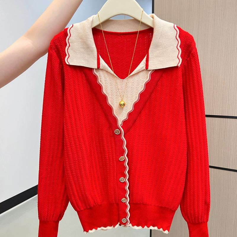 

Новый осенне-зимний двухпредметный женский вязаный топ с лацканами в сочетающейся цветовой гамме One Size красный