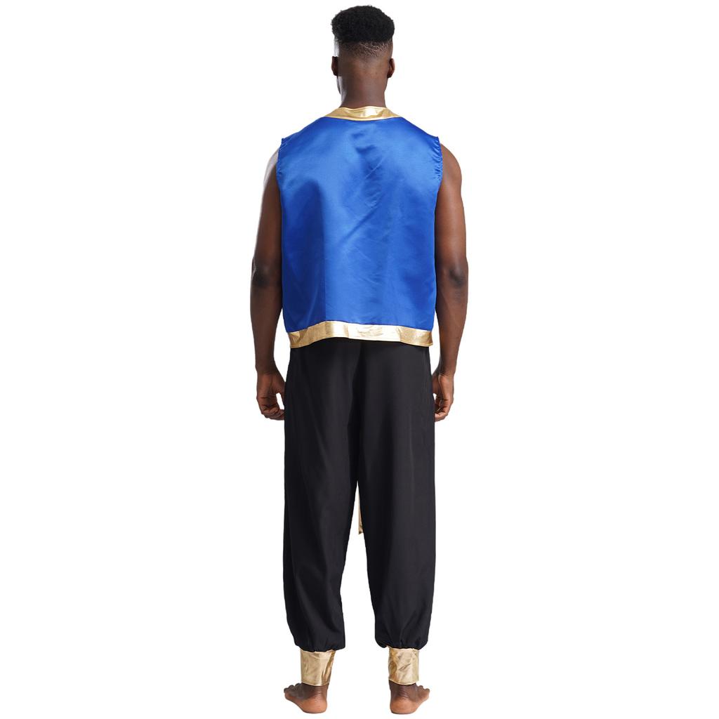 Mens Arabian Prince Costume Set Metallic Shiny Trim Open Front Vest Long Pants Two Piece Party Outfit