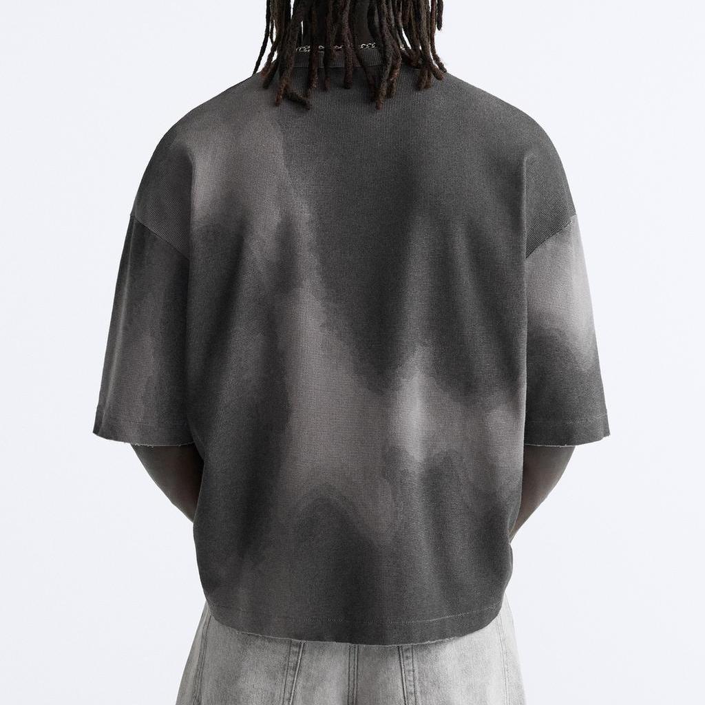 Zara Spray Print Knit Crew Neck Short Sleeve T-Shirt Men Tops Gray 4805406-802