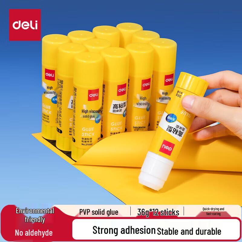 Deli High-Viscosity Formaldehyde-Free PVP Glue Sticks - 36g, 12-Pack