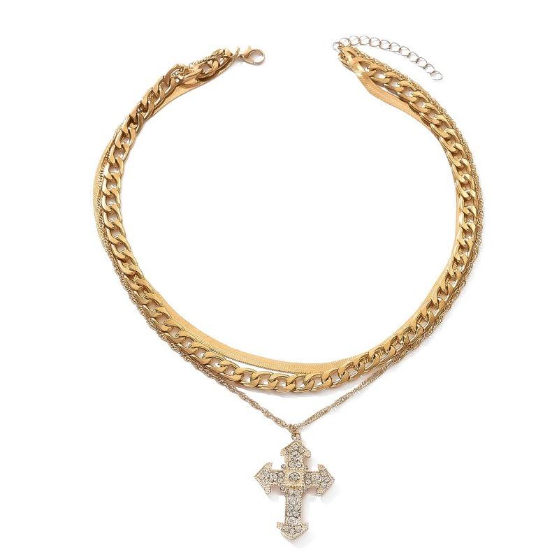 Gold cross necklace, multi-layer stacked diamond-encrusted jewelry, female creative simple alloy necklace