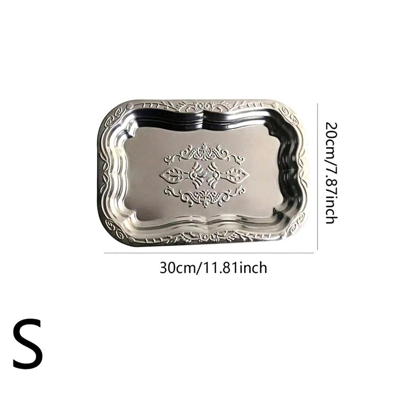 1Pcs Stainless Steel Rectangular Tray With Embossed Design For Kitchen Living Room Storage Durable Fruit Snack Cake Serving Dish