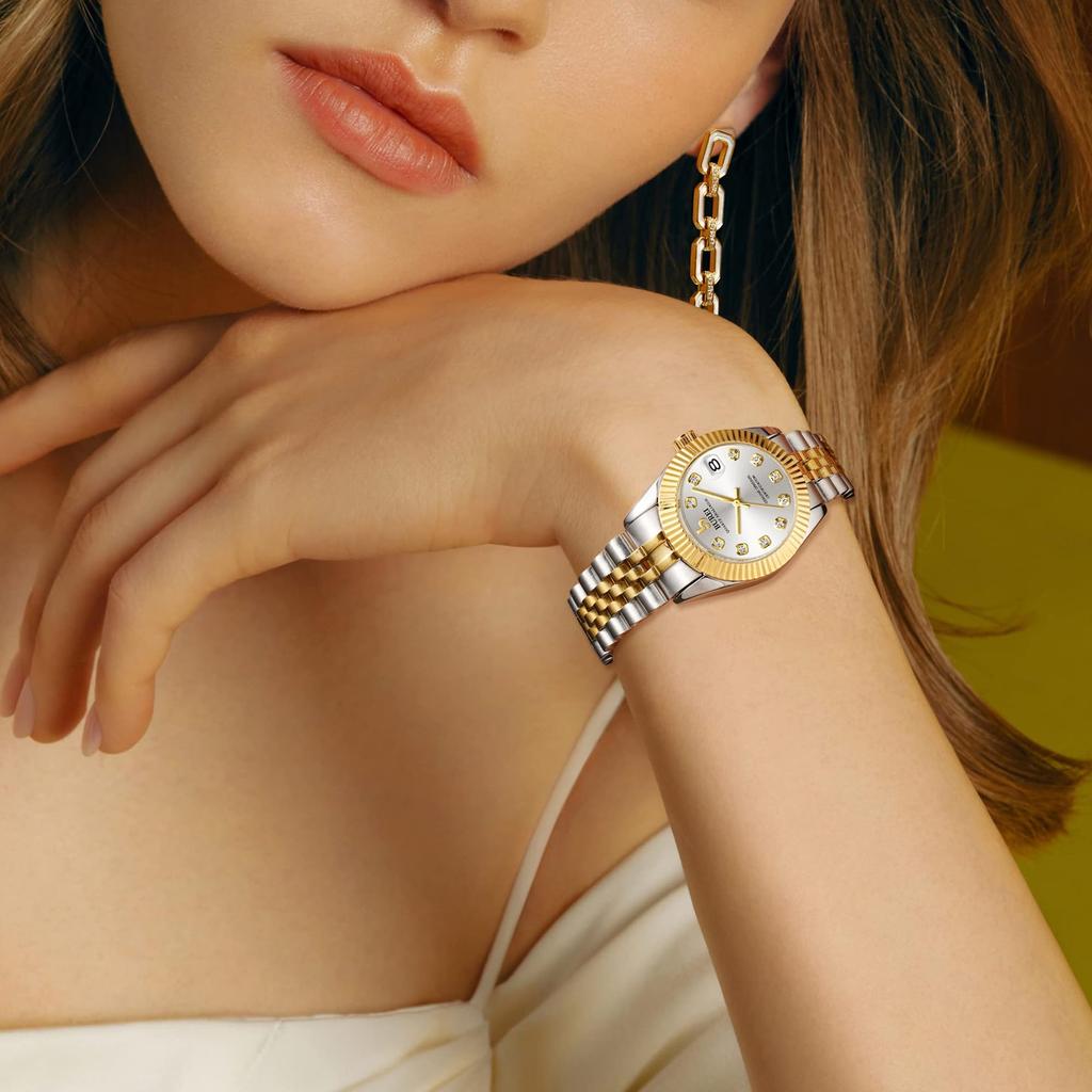 BUREI Women's Watch Japanese Quartz Analog Waterproof Silver Diamond Dial Stainless Steel Business Ladies Watch Popular Stylish Simple Cute Gift for