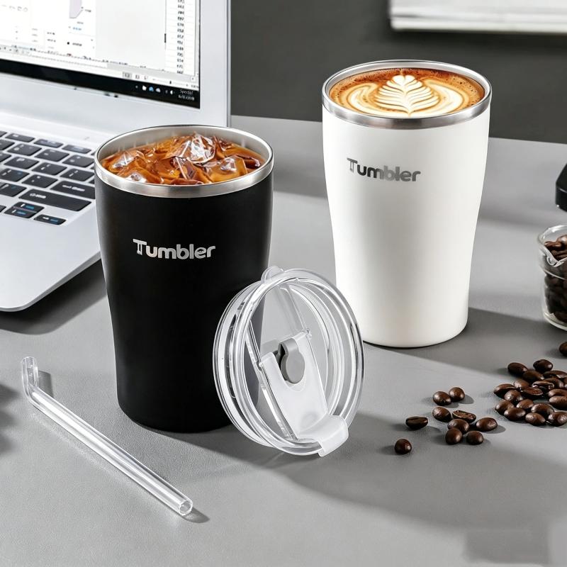 Stainless Steel Insulated Tumbler with Flip Straw Lid Double Wall Washable Reusable Coffee Mug for Work School Travel Use