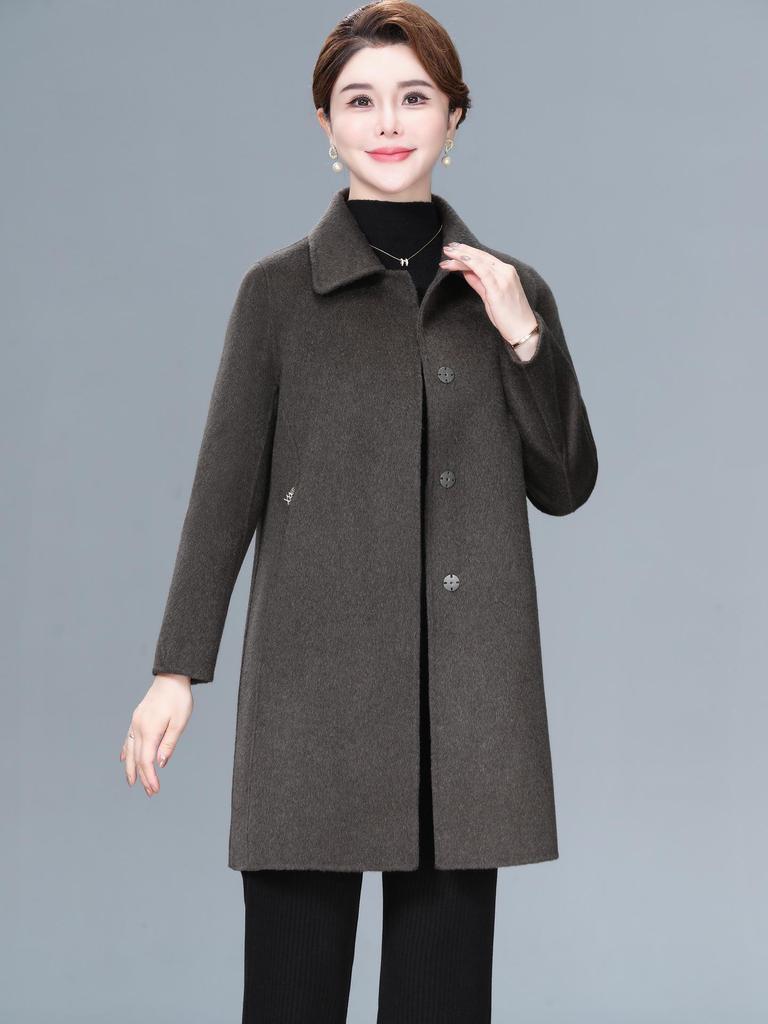 Women's Plus Size Mid-Length Wool Coat - Double-Sided, Fashionable Autumn/Winter Outerwear for Middle-Aged and Elderly