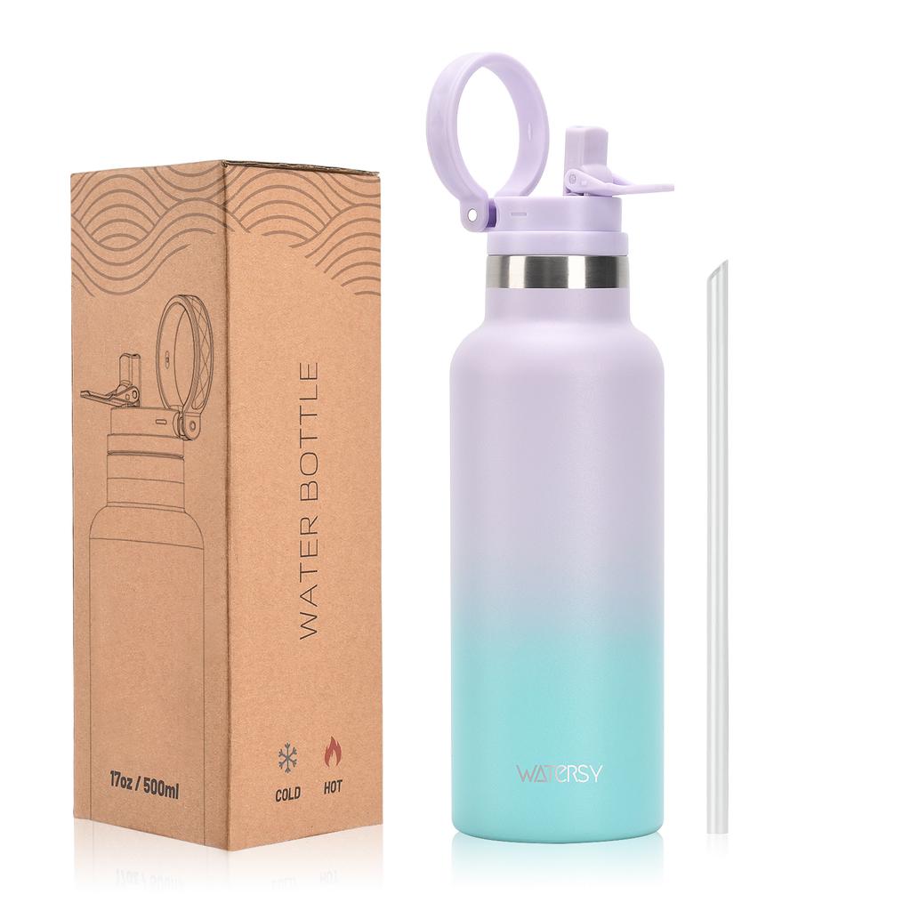 WATERSY 500ml Double Wall Vacuum Insulated Stainless Steel Water Bottle Thermal Mug with Straw and Handle Keeps Hot Cold 12H