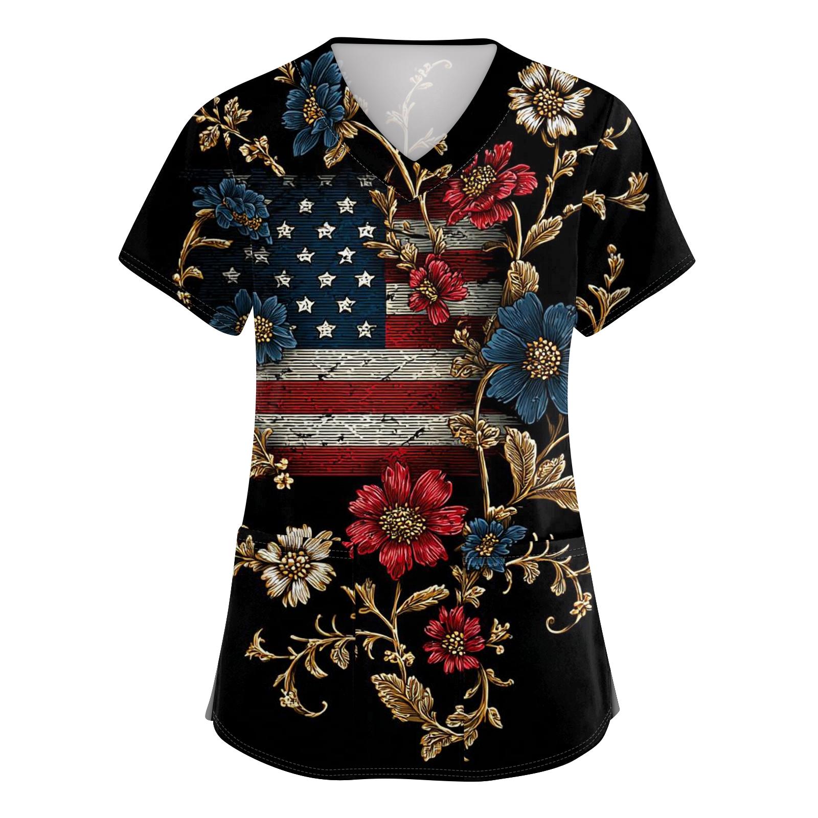 

Women s V-neck Independence Day print short-sleeved pocket side-opening protective work shirt XL кавун червоний колір