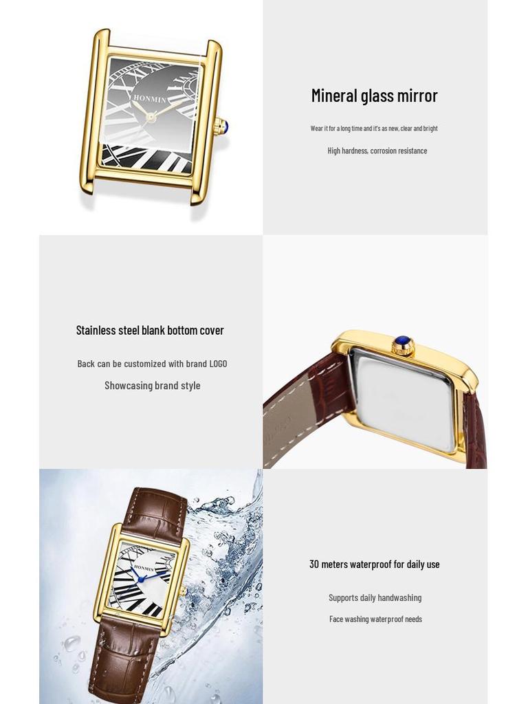 Men's Classic Minimalist Square Dial Leather Strap Waterproof Wristwatch