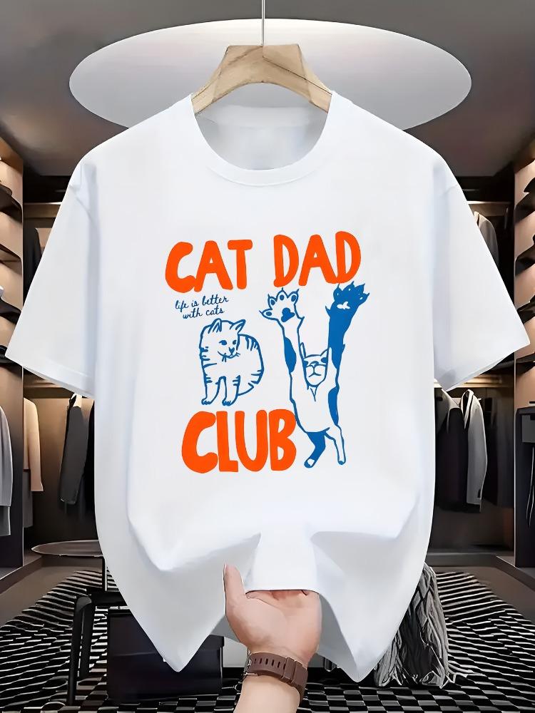 Unisexs Soft Cotton Crew Neck Tee Cat Dad Club Cartoon Kitten Graphic Gift For Male Cat Lovers Casual Daily Short Sleeve Wear Top