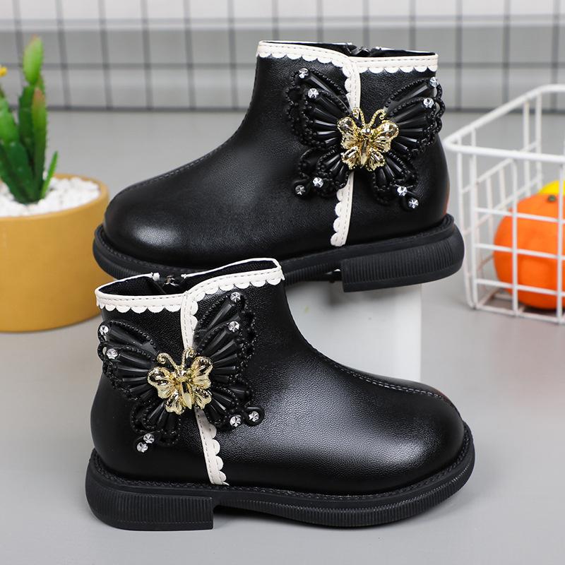 2025 New Girls Boots Classic Butterfly Sweet Princess Kids Shoes  Non-slip Round-toe Versatile Soft Children Boots