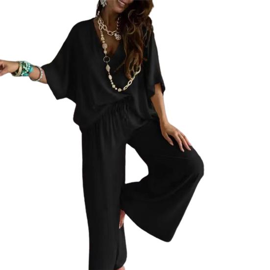 2Pcs/Set Women Summer V-neck Batwing Half Sleeve Tops High Waist Elastic Waistband Wide