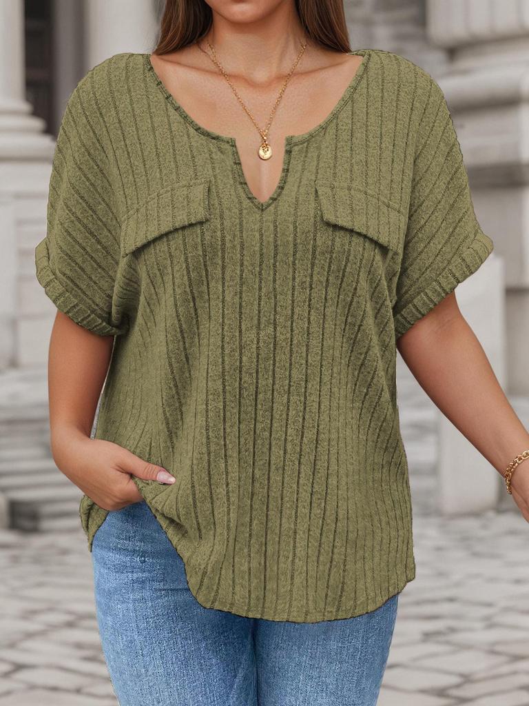 2026 Spring/Summer Plus Size Women's V-Neck Short Sleeve Solid Color Pullover T-Shirt