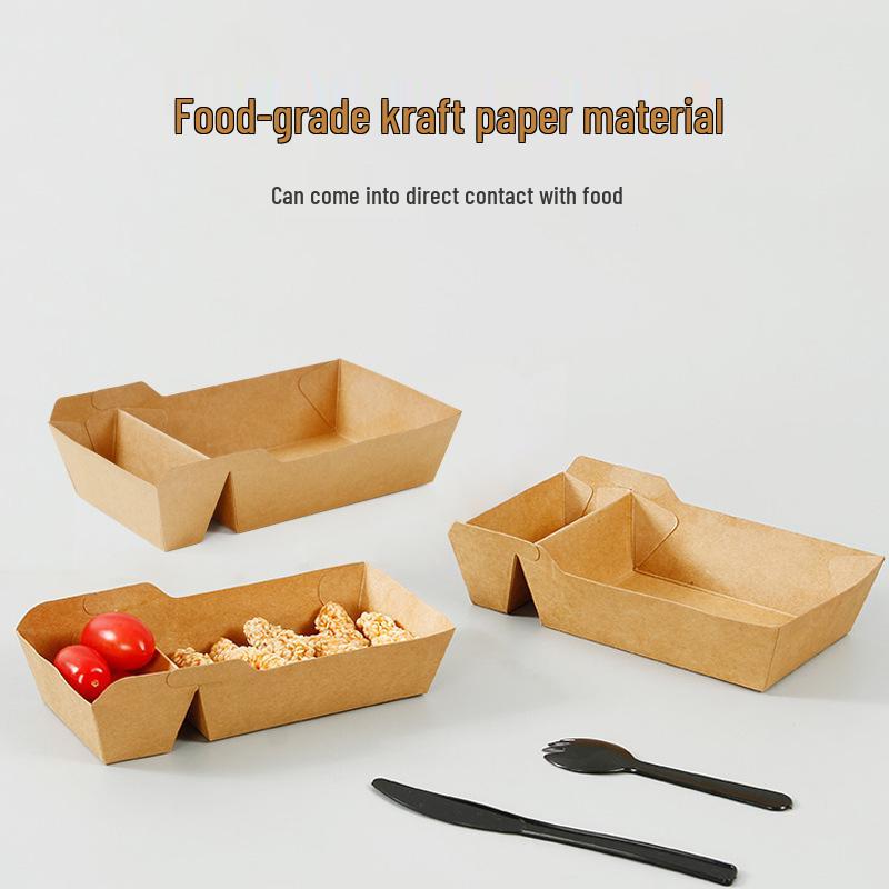 Roasted Sweet Potato Fried Chicken Kraft Snack Box: Disposable, Food-Grade, Two-Grid for Fries and Chicken Strips 16cm*7cm*3.5cm Small