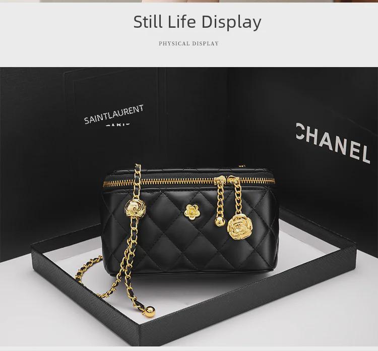 Genuine Leather Camellia Lightweight Diamond Chain Shoulder Bag - Mini Cosmetic Box Style