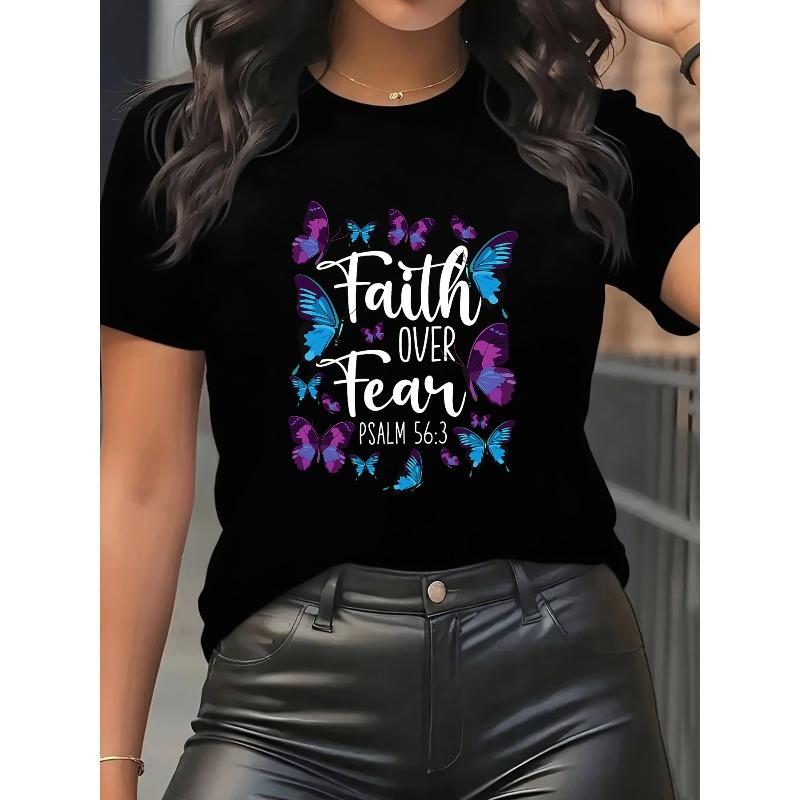 

Pink Casual Crew Neck Short Sleeve Tee, Stretchy Inspirational Quote with Colorful Butterflies Design, Comfortable Fit for Daily Wear, Butterfly Shirt S чёрный