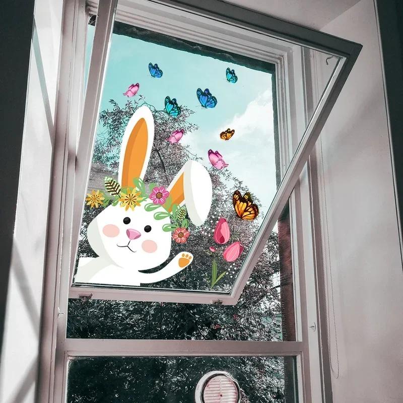 Cute Rabbit Butterfly Sticker Easter Window Glass Decoration Static Stickers Shop Window Decor Cartoon Home Holiday Decoration