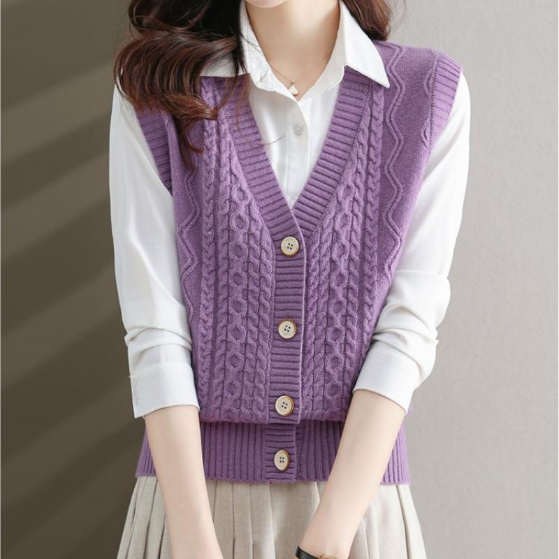 Dámská elegantní polyesterová pletená vesta | Svetrová vesta s copánkovým vzorem a výstřihem do V | Jednobarevné pletené oblečení bez rukávů | Módní top pro vrstvení na podzim/zimu