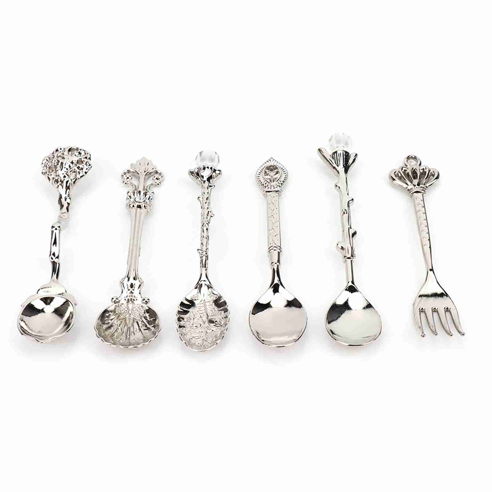 

6Pcs Set Innovative Vintage Retro Zinc Alloy Spoons Fork Set Cutlery Kitchen Accessory Silver (Crown Fork Handle)