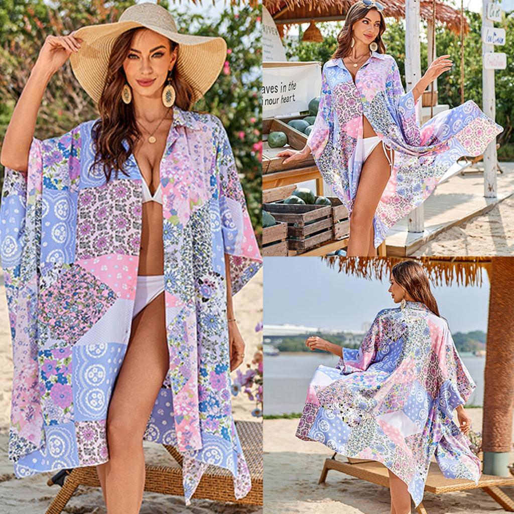 Printed Shirt Beach Jacket Bikini with Sun Protection Cardigan Vacation Swimsuit Blouse