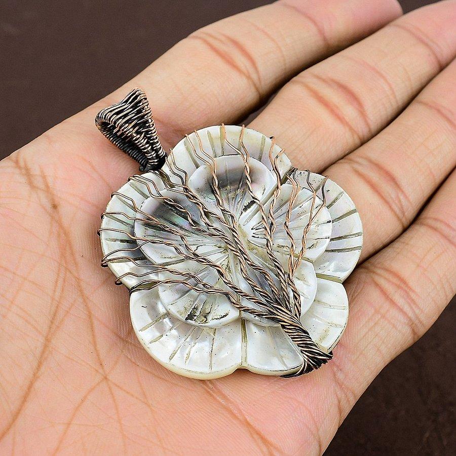 Mother Of Pearl Handmade Copper Wire Wrap Jewelry Pendant 2.64" k6R06