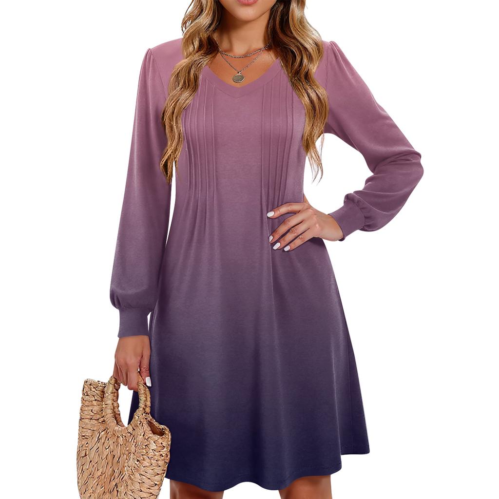 Ladies' Printed Casual And Fashionable V-neck Long Sleeved Mid Length Dress
