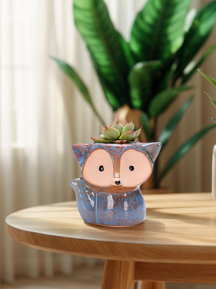 Fox Ceramic Succulent Pot Bonsai Container Multi-Function Flower Planter Pot with Drain Hole Garden Plant Pot for Indoor Outdoor