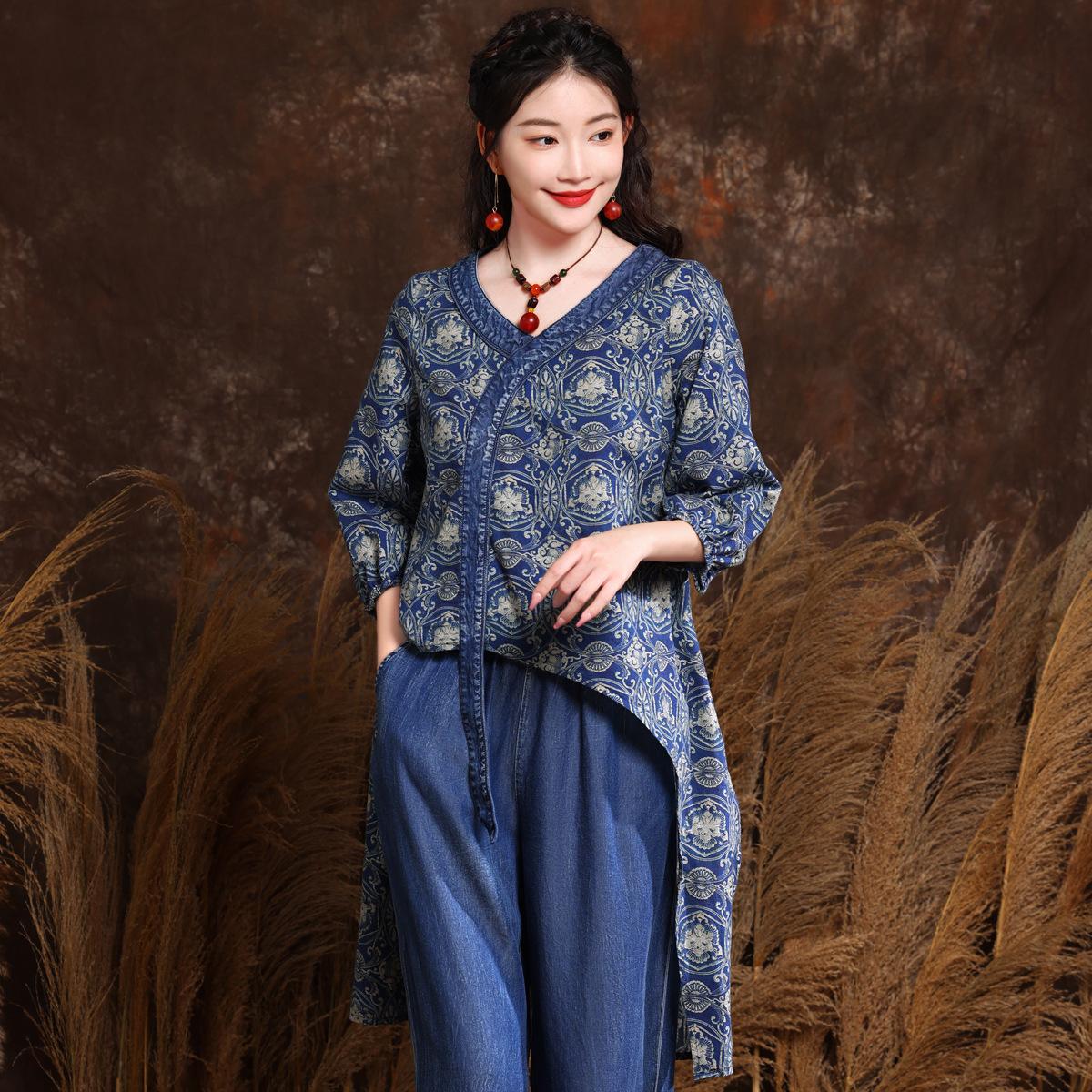 

Johnature летняя женская винтажная хлопковая льняная футболка три четверти с принтом, ниша, дизайн, нерегулярная футболка XL темно-синий