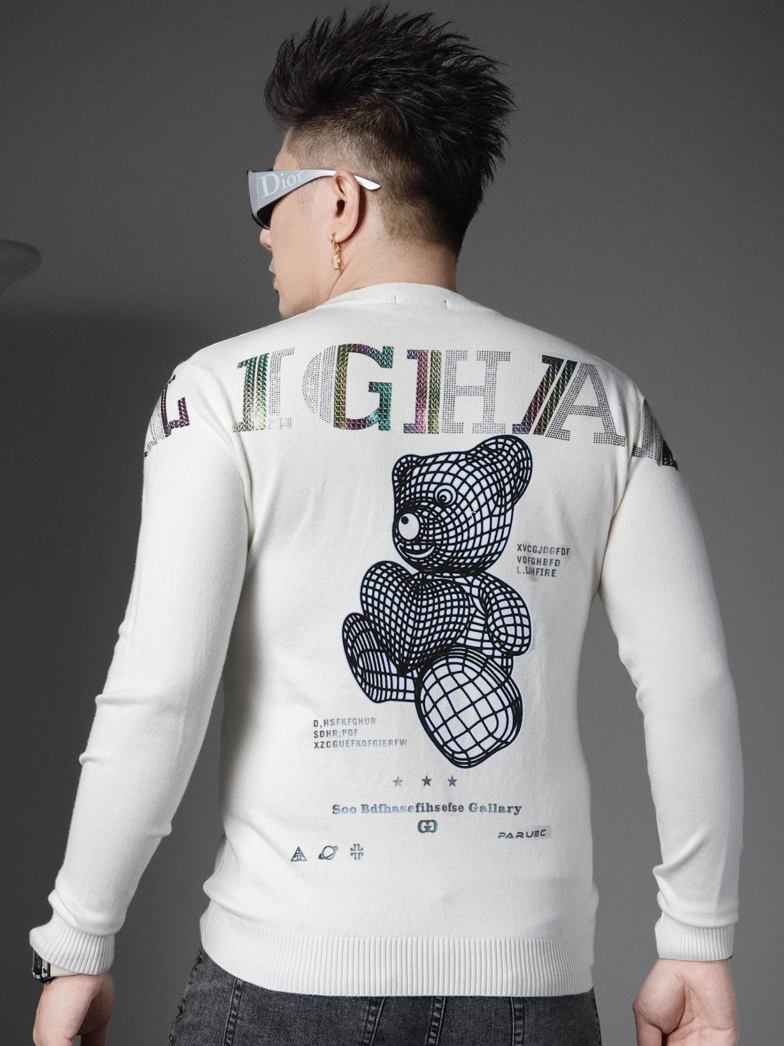 European Station 2025 New Trendy Bear Print Round Neck Sweater Men s Autumn and Winter Pullover Long Sleeve Knitted Sweater for Men XL белый