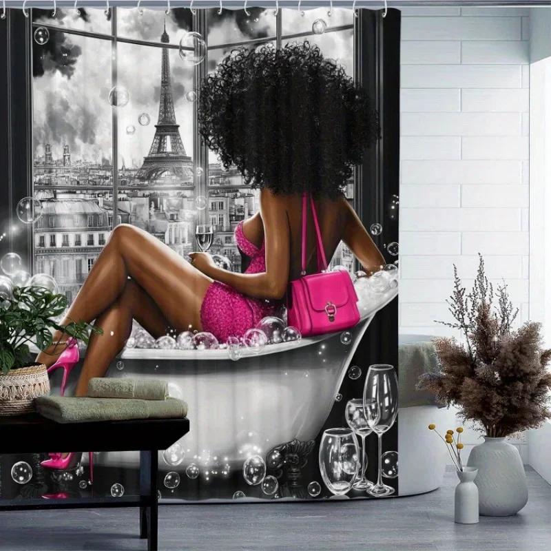 

Красивая черная узорчатая шторка для душа Водонепроницаемая для комнаты Дома Отеля Машинная стирка Штора Водонепроницаемая Ванной 90x180cm-35x70in