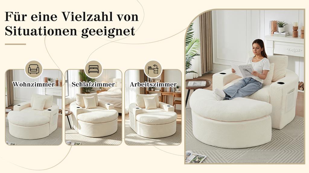 Extra Large, Round Lounge Sofa, Frameless Armchair (with Footstool), with Storage Compartment and Cup Holder, Double-Layer Upholstery Design