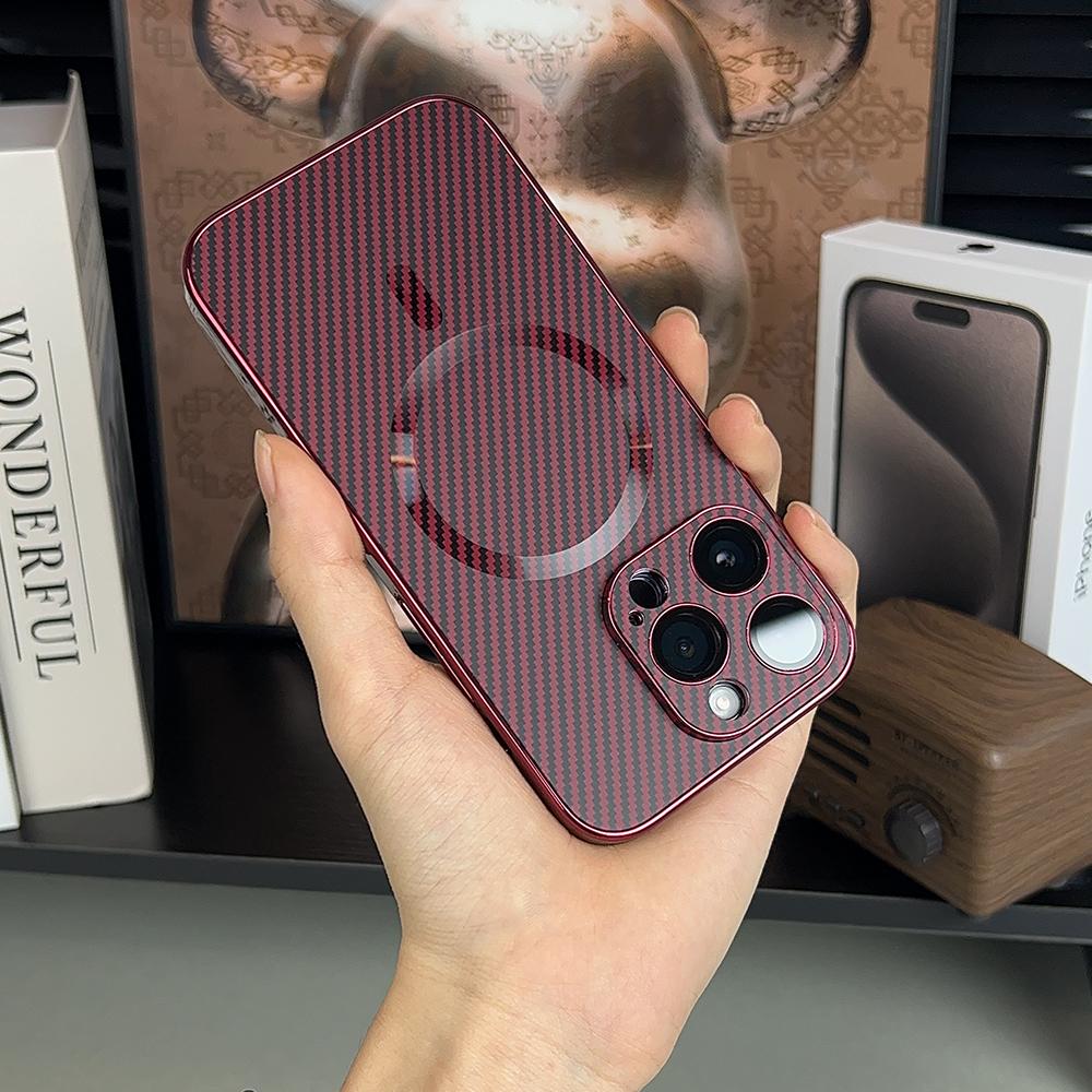 Luxury Carbon Fiber Texture Plating Case for iPhone 15 14 13 12 Pro Max For Magsafe Wireless Charging Magnetic Shockproof Cover